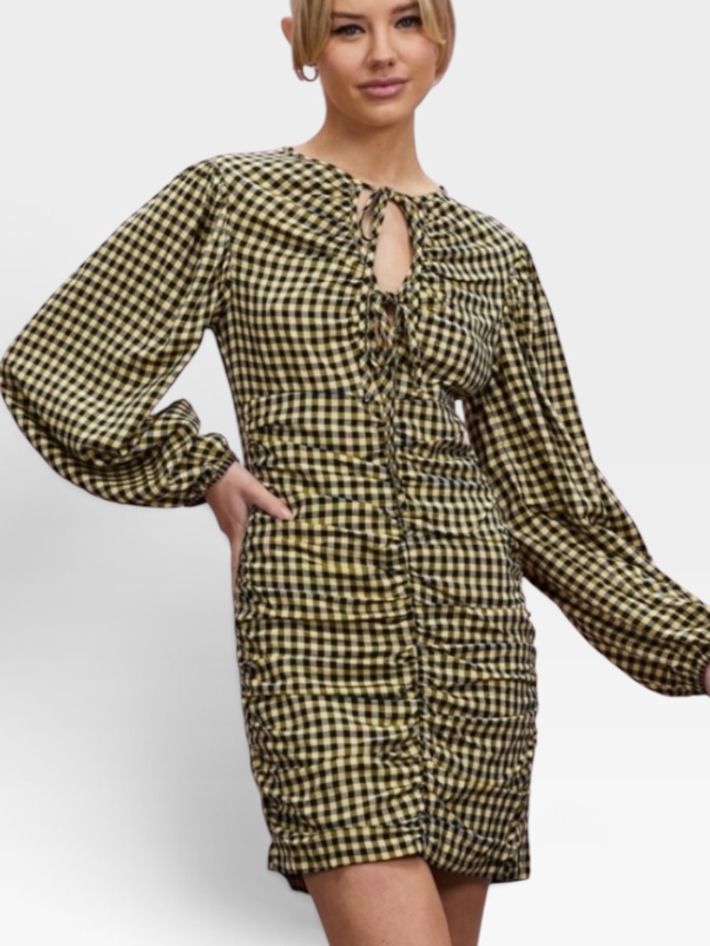 Topshop Yellow & Black Gingham Ruched Mini Dress size 6, new with tags